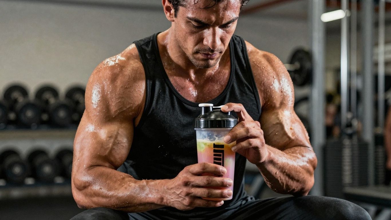 Atleta com shake pós-treino em academia.
