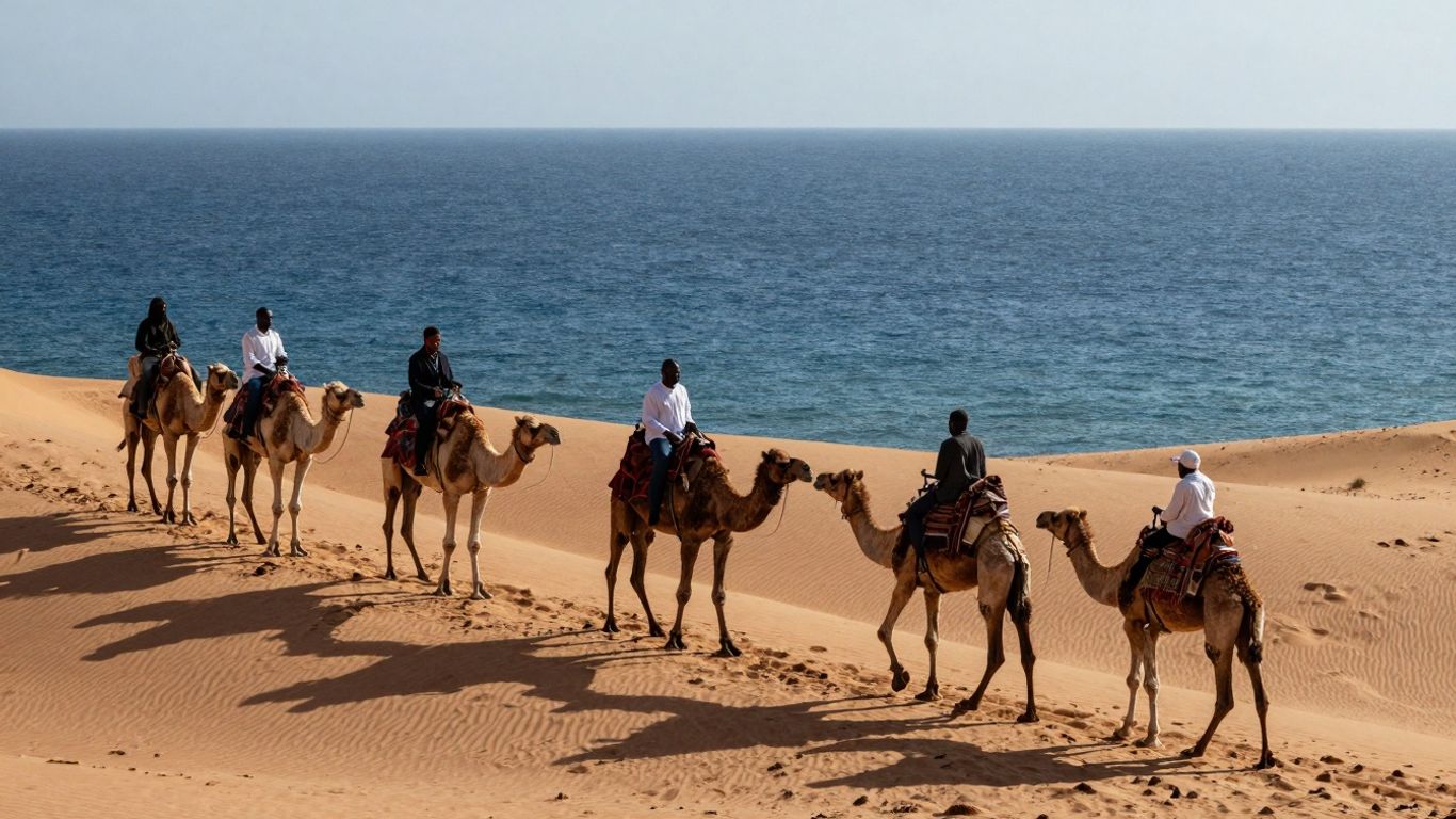 Camels walking on a desert dune near the ocean.