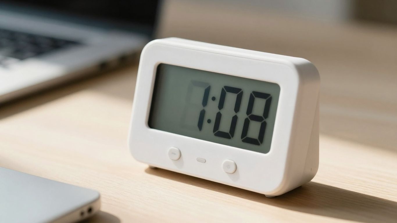Digital timer on a desk, promoting focus.