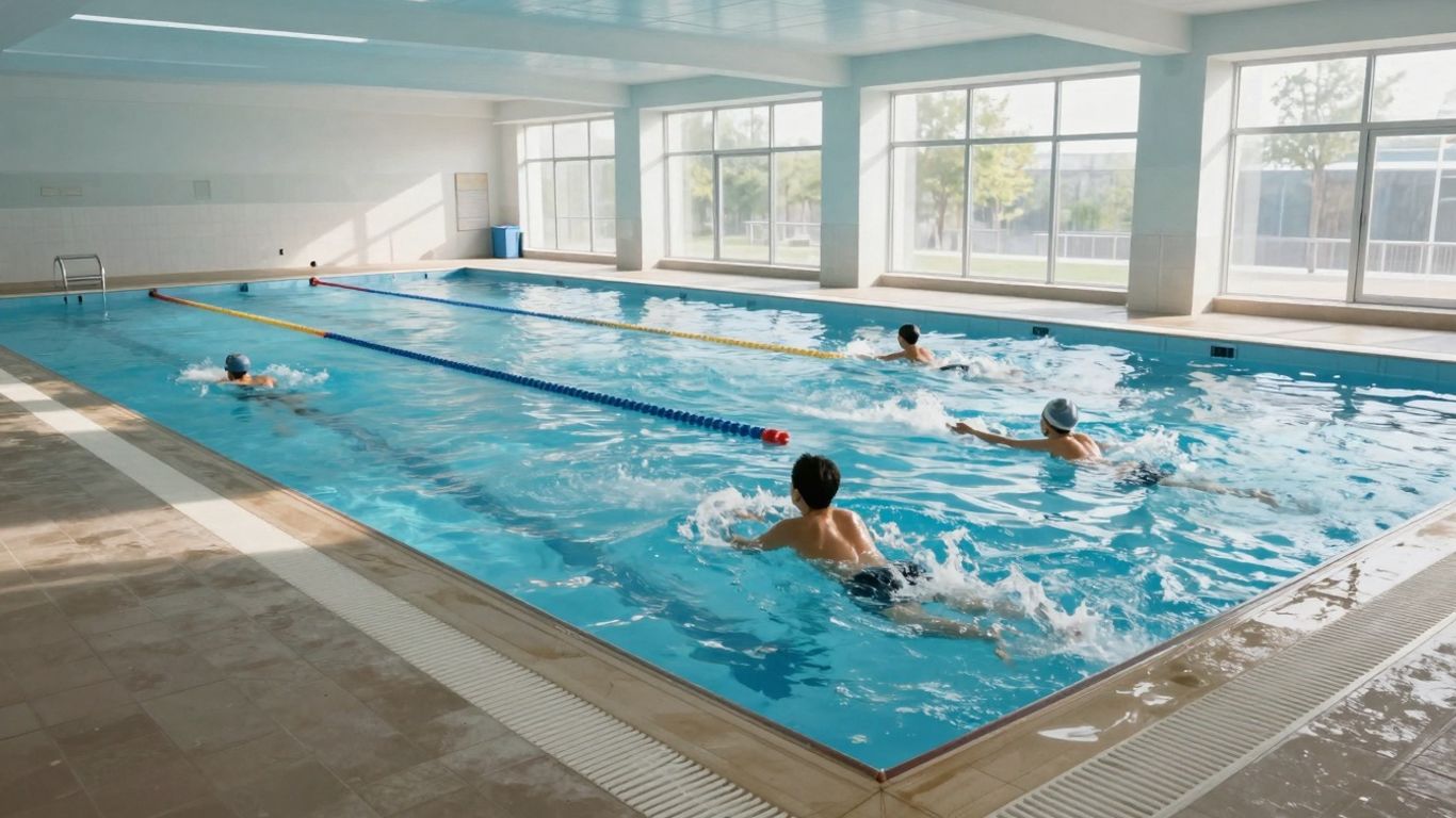 Swimmers enjoying a bright, modern indoor swimming pool.