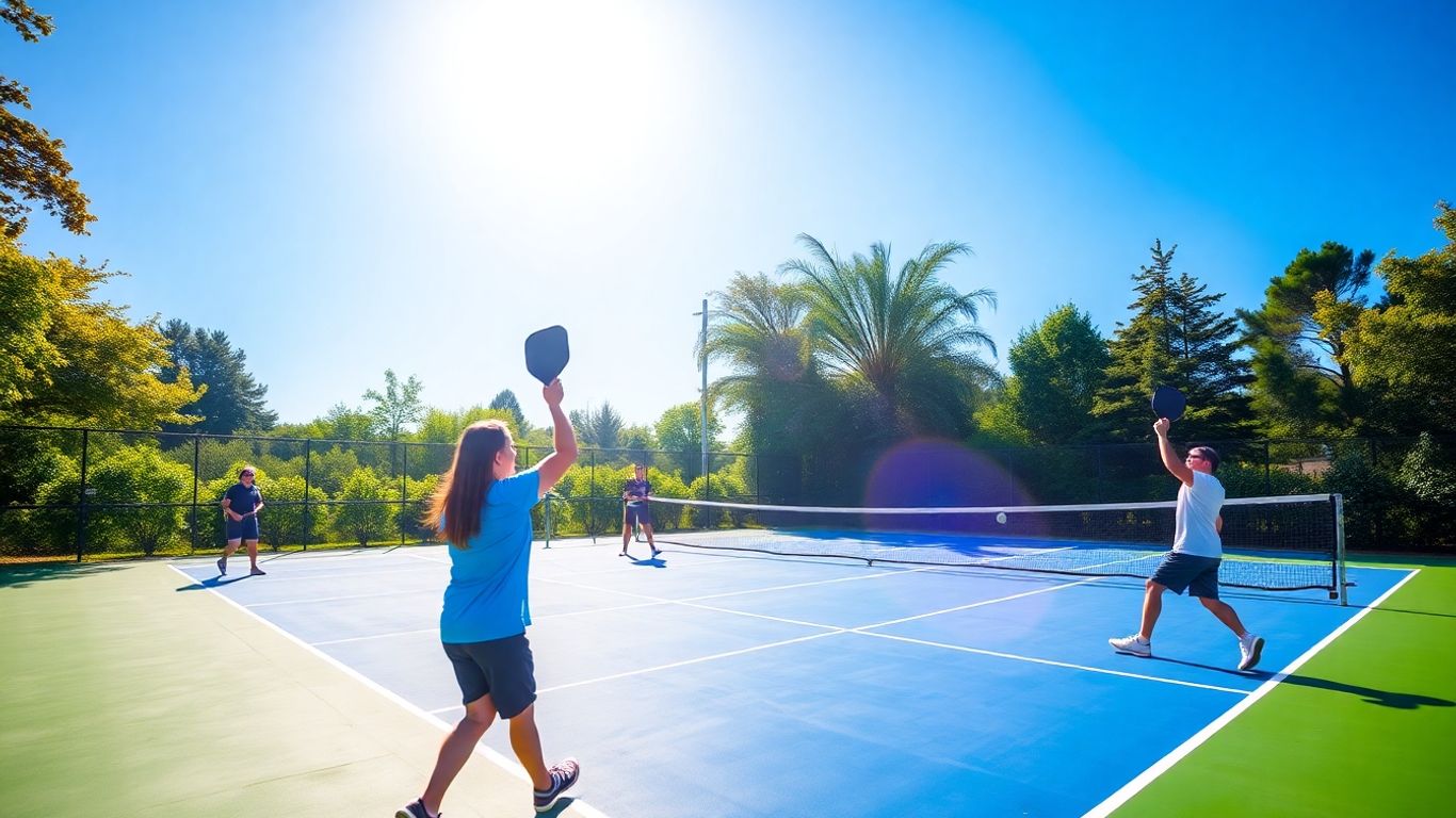 Pickleball players on a sunny court with paddles raised.