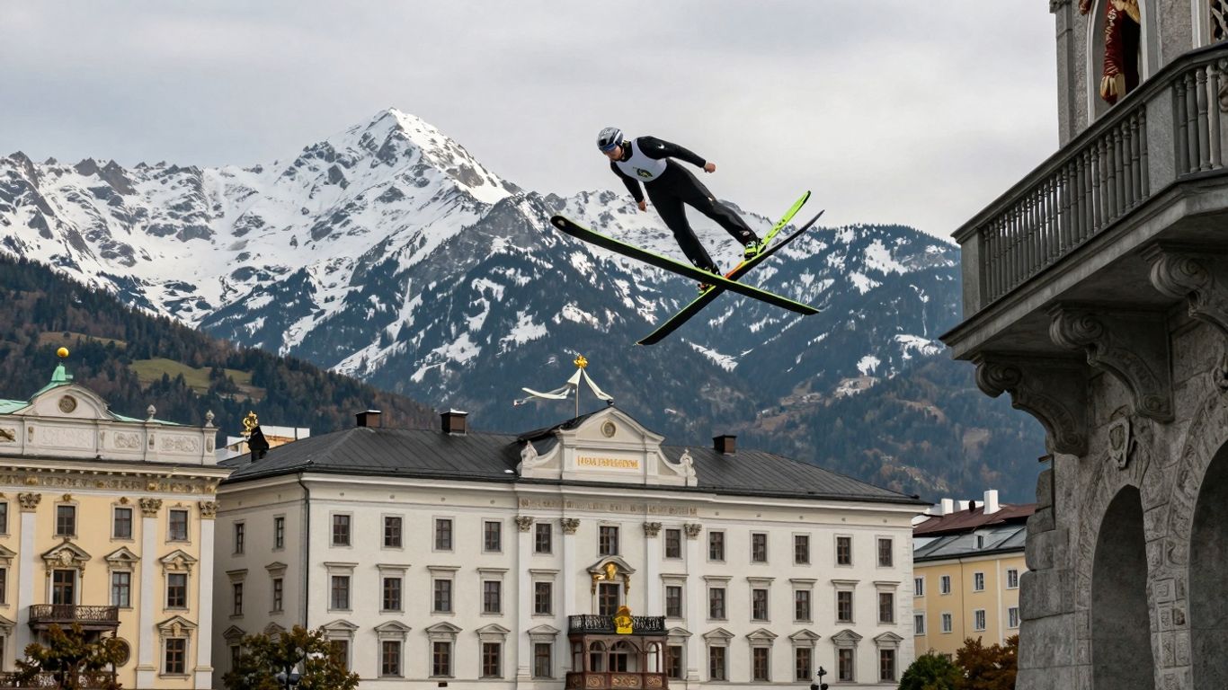 Ski jumper in mid-air above Innsbruck city and mountains.