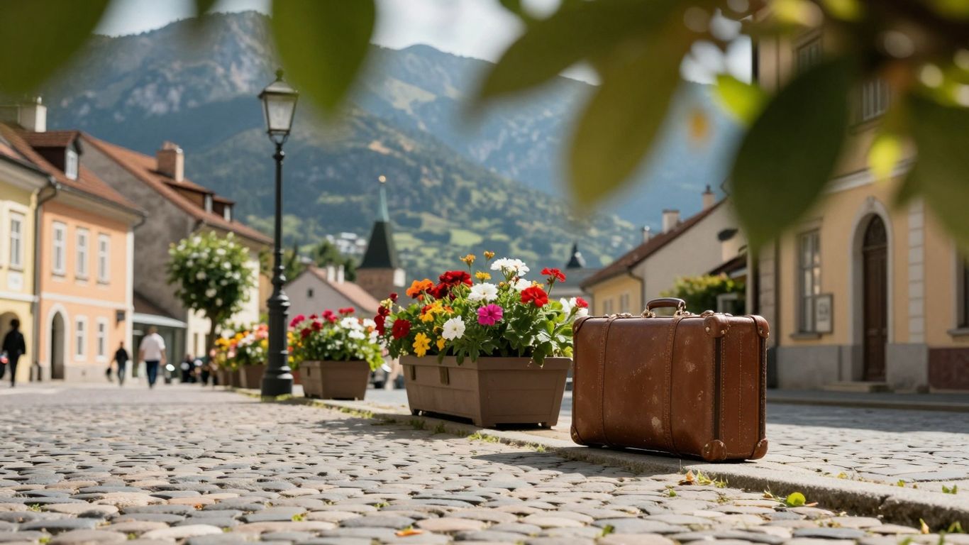 Budget European travel scene with cityscape and suitcase.