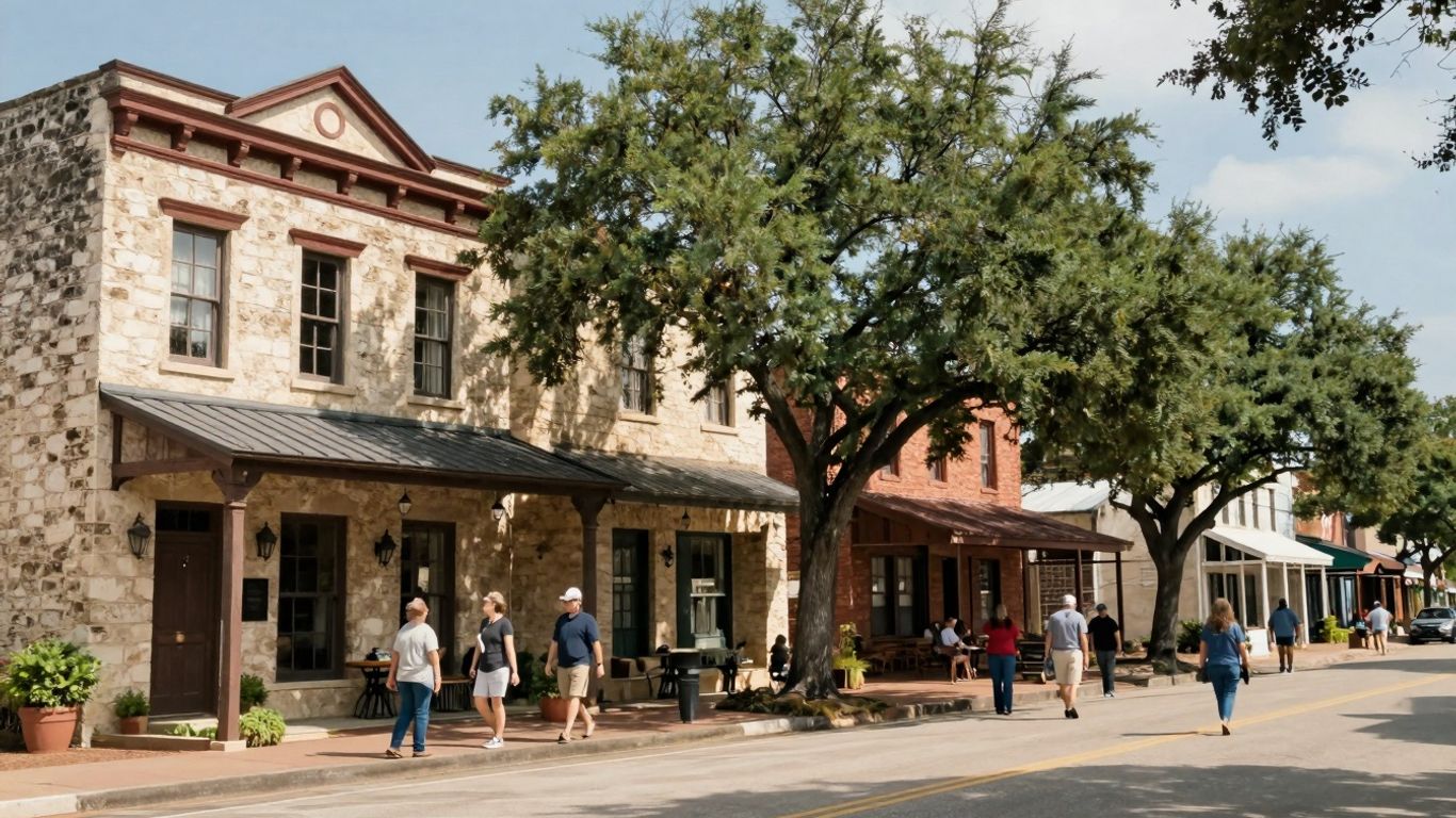 Historic stone buildings and trees on a sunny street in Fredericksburg.