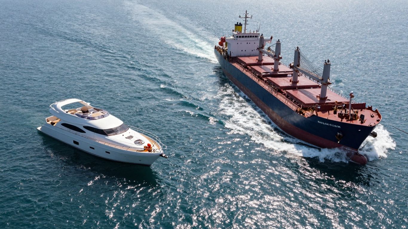 Yacht and cargo ship on water, contrasting charter types.