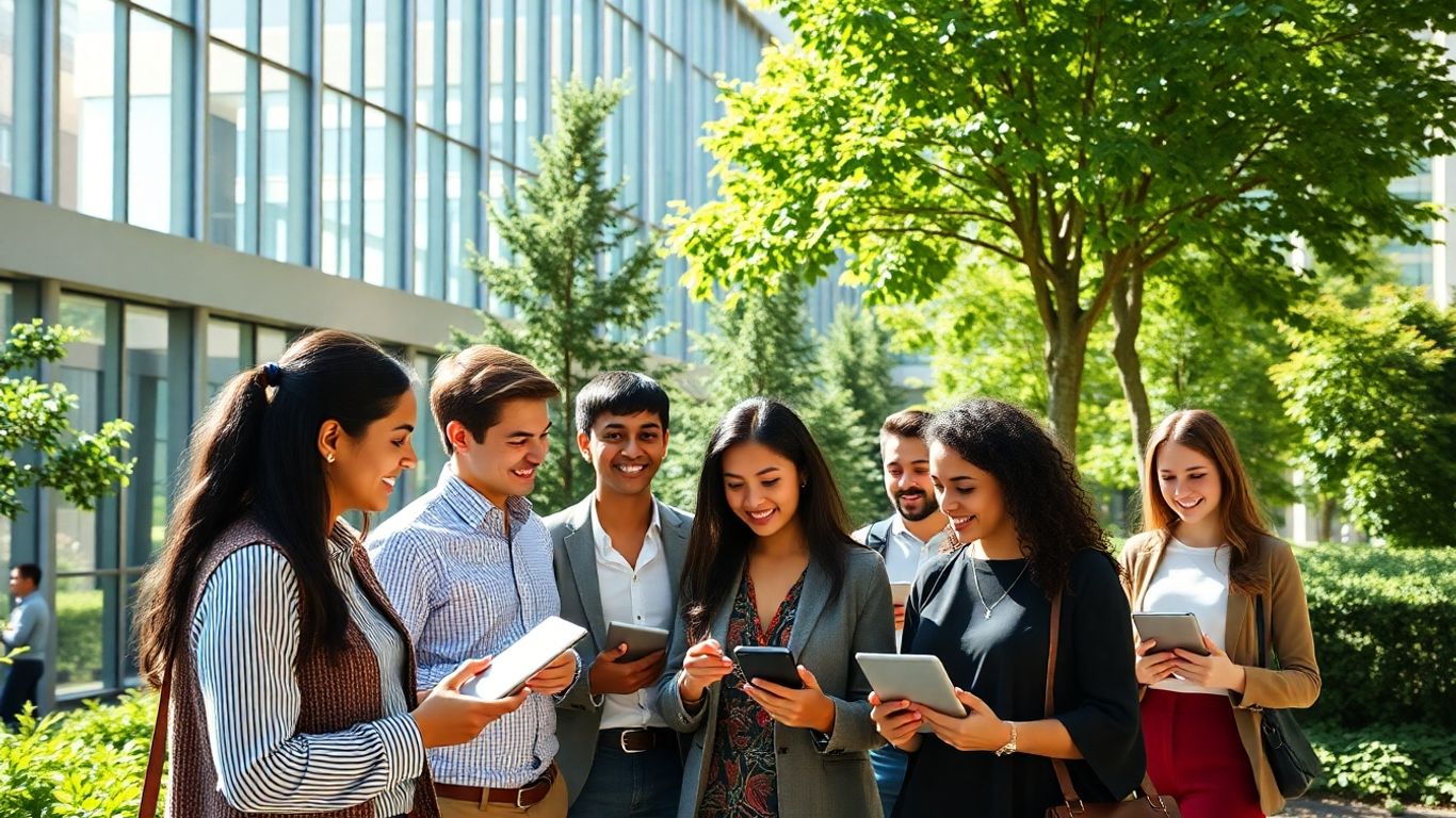 Students learning digital marketing at a modern university campus.