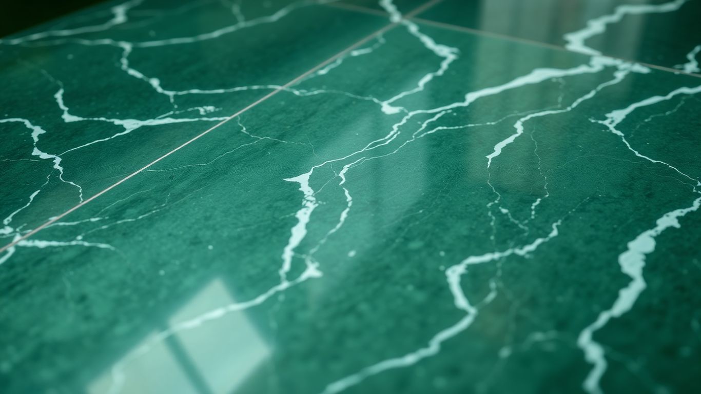 Polished Ming Green marble tile with white veining.