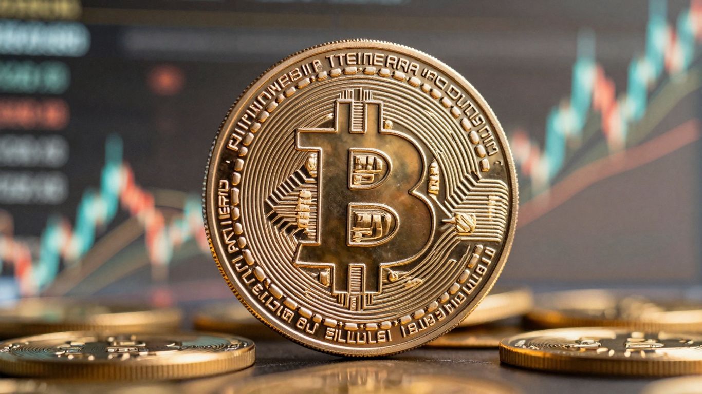 Bitcoin coin against a backdrop of digital streams