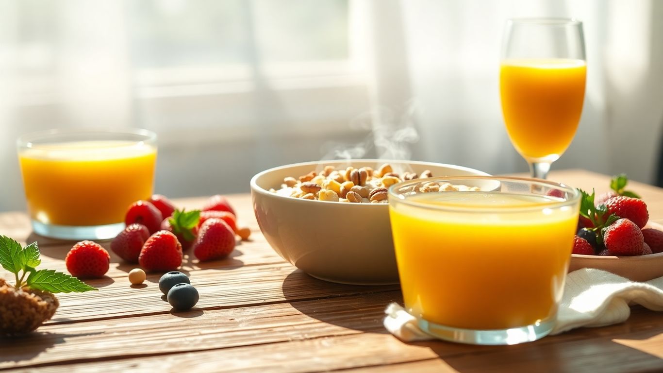 Healthy breakfast spread with berries and oatmeal.
