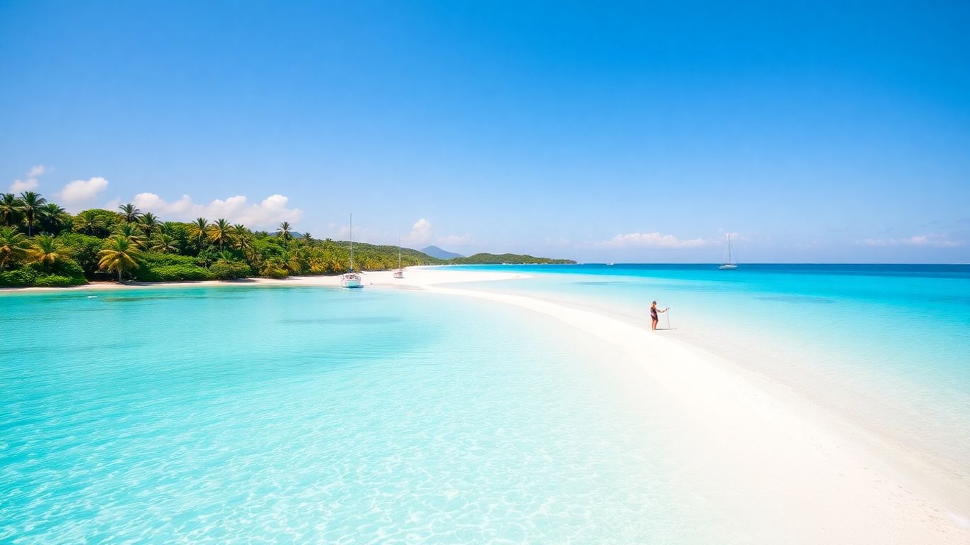 Sailboats in turquoise water near a tropical beach.