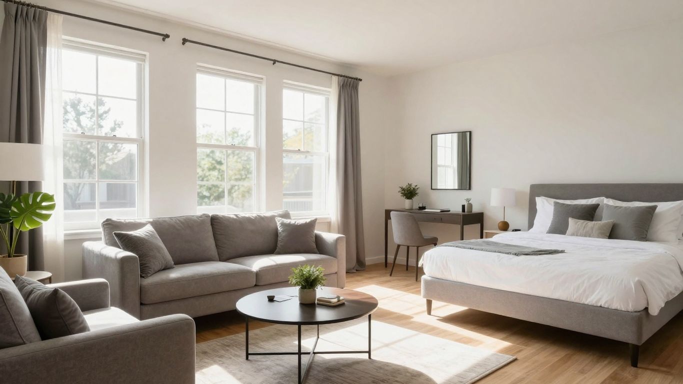 Modern Airbnb interior with stylish furniture and natural light.