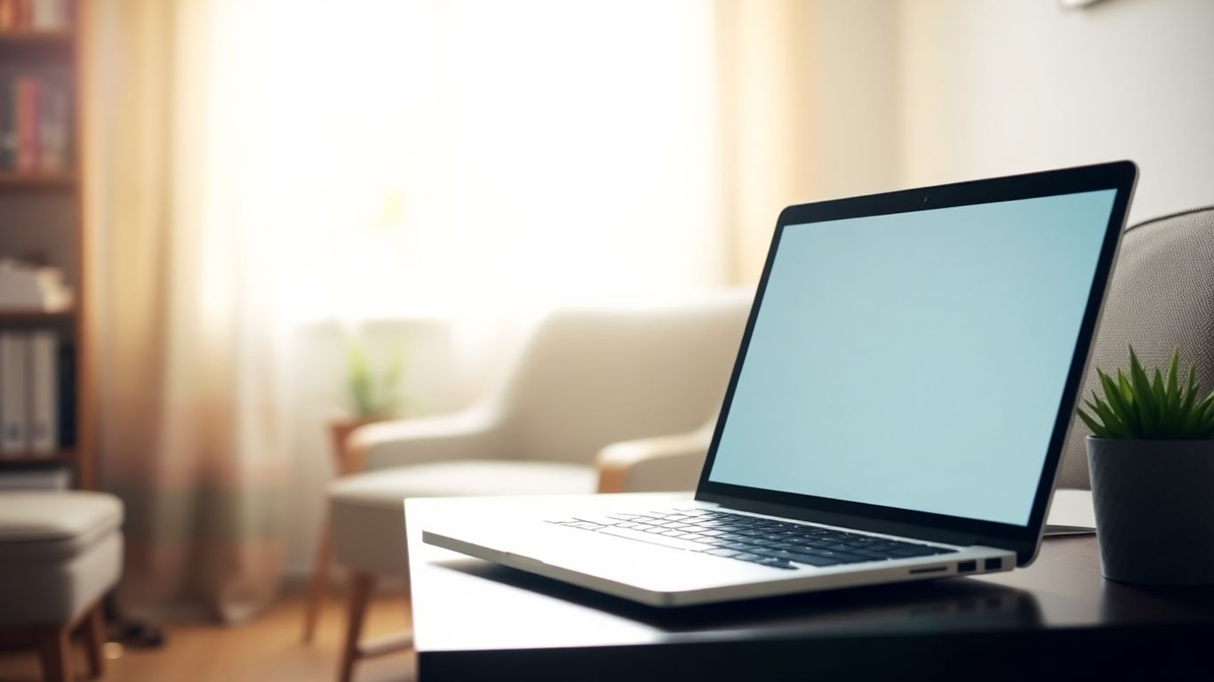 Calm home office with laptop and plant.