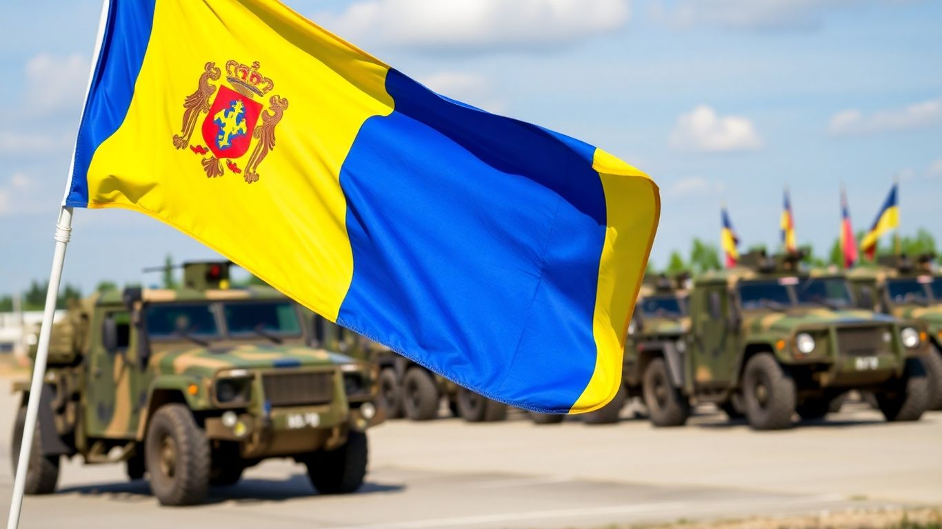 Drapel românesc, vehicule militare, soldați în formație.