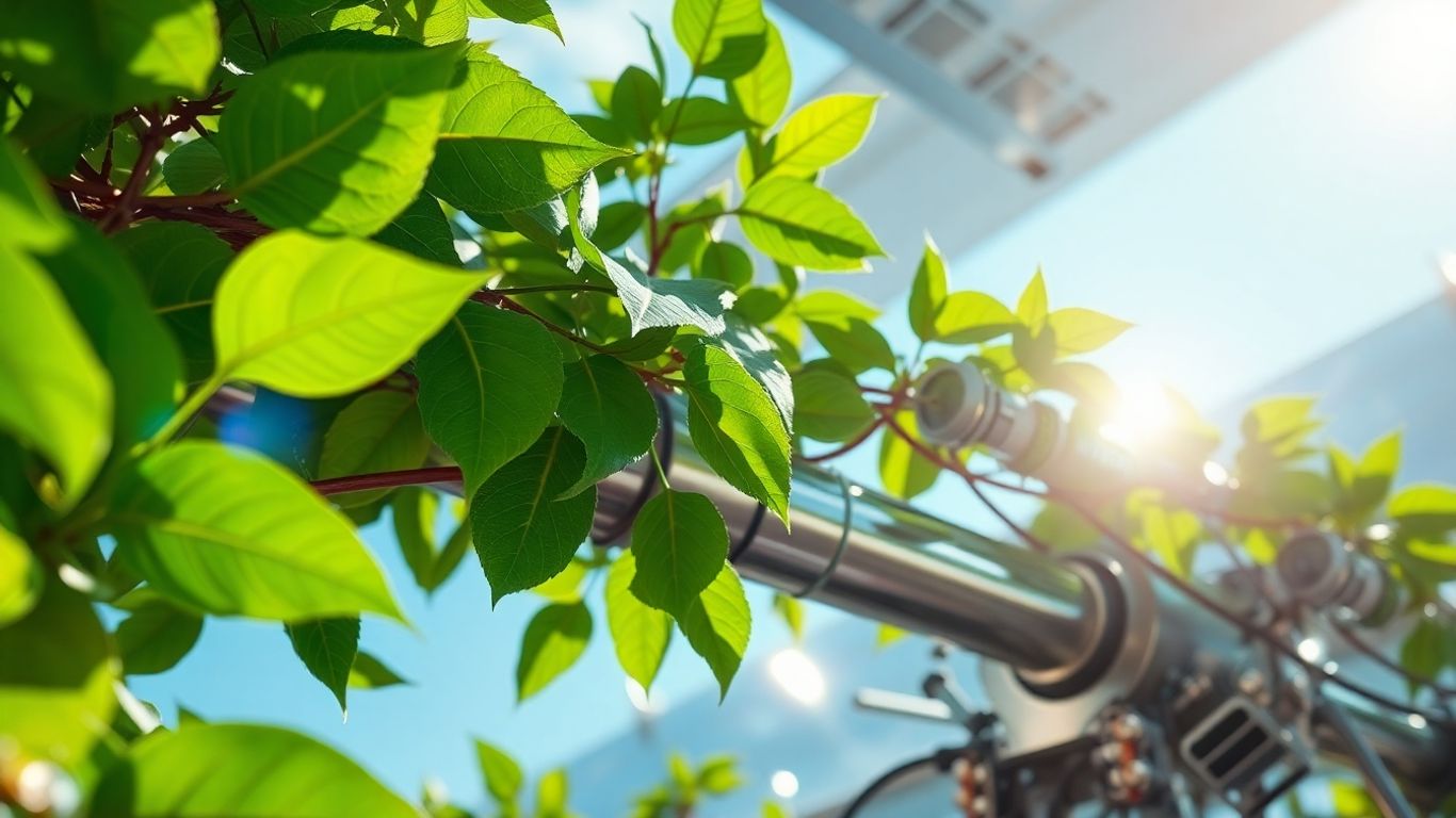 Sustainable technology with green leaves and futuristic structures.