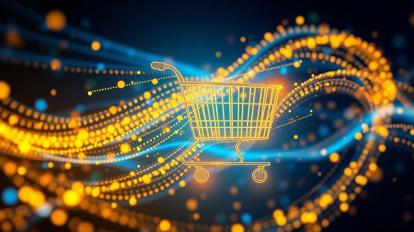 Abstract data streams flowing into a shopping cart.