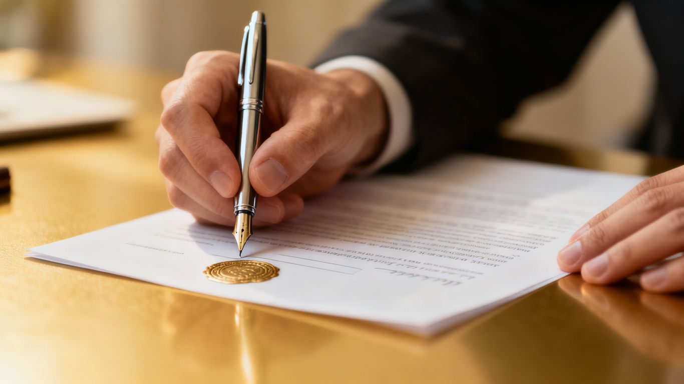 Hand signing a legal document for legacy planning.