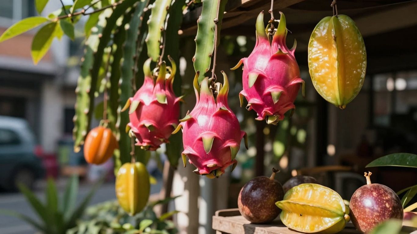 Exotische Früchte wachsen in einem städtischen Garten.