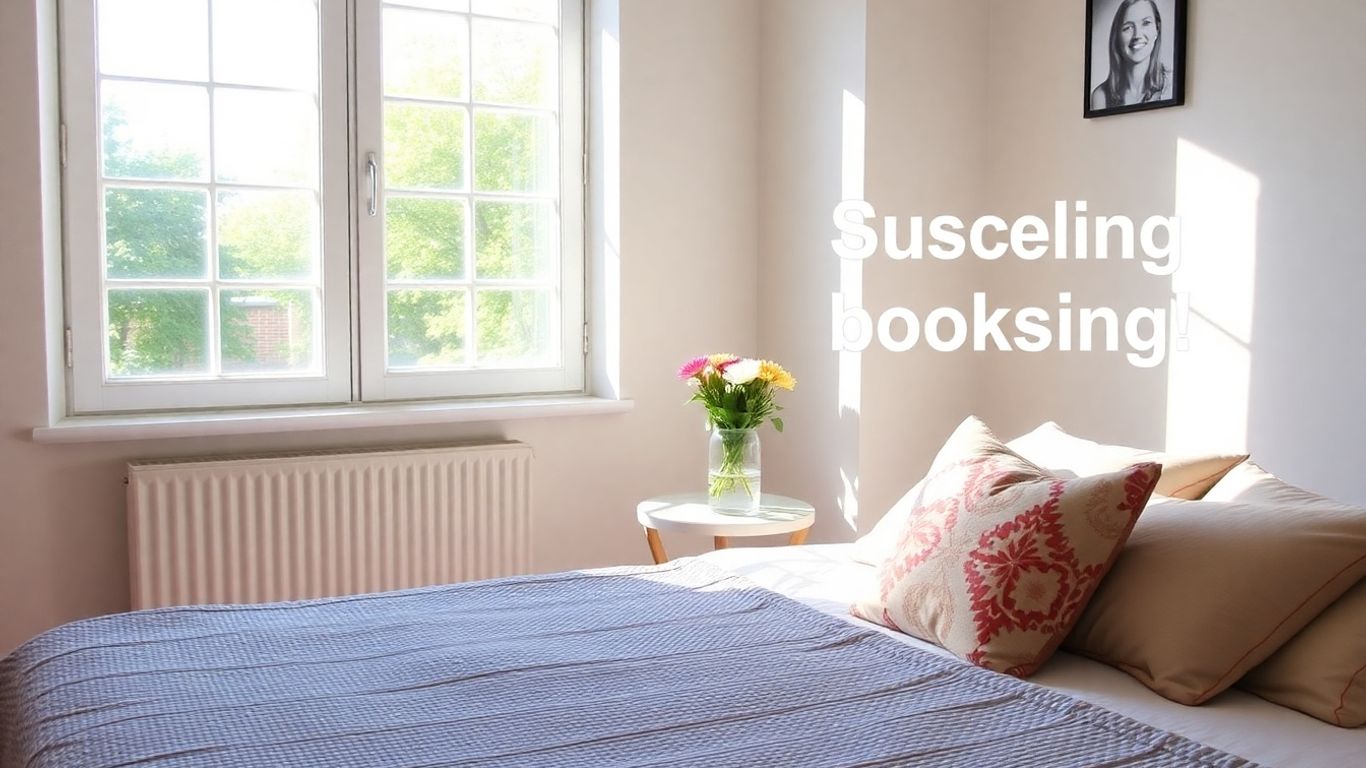 Cozy Airbnb interior with sunlight and flowers.