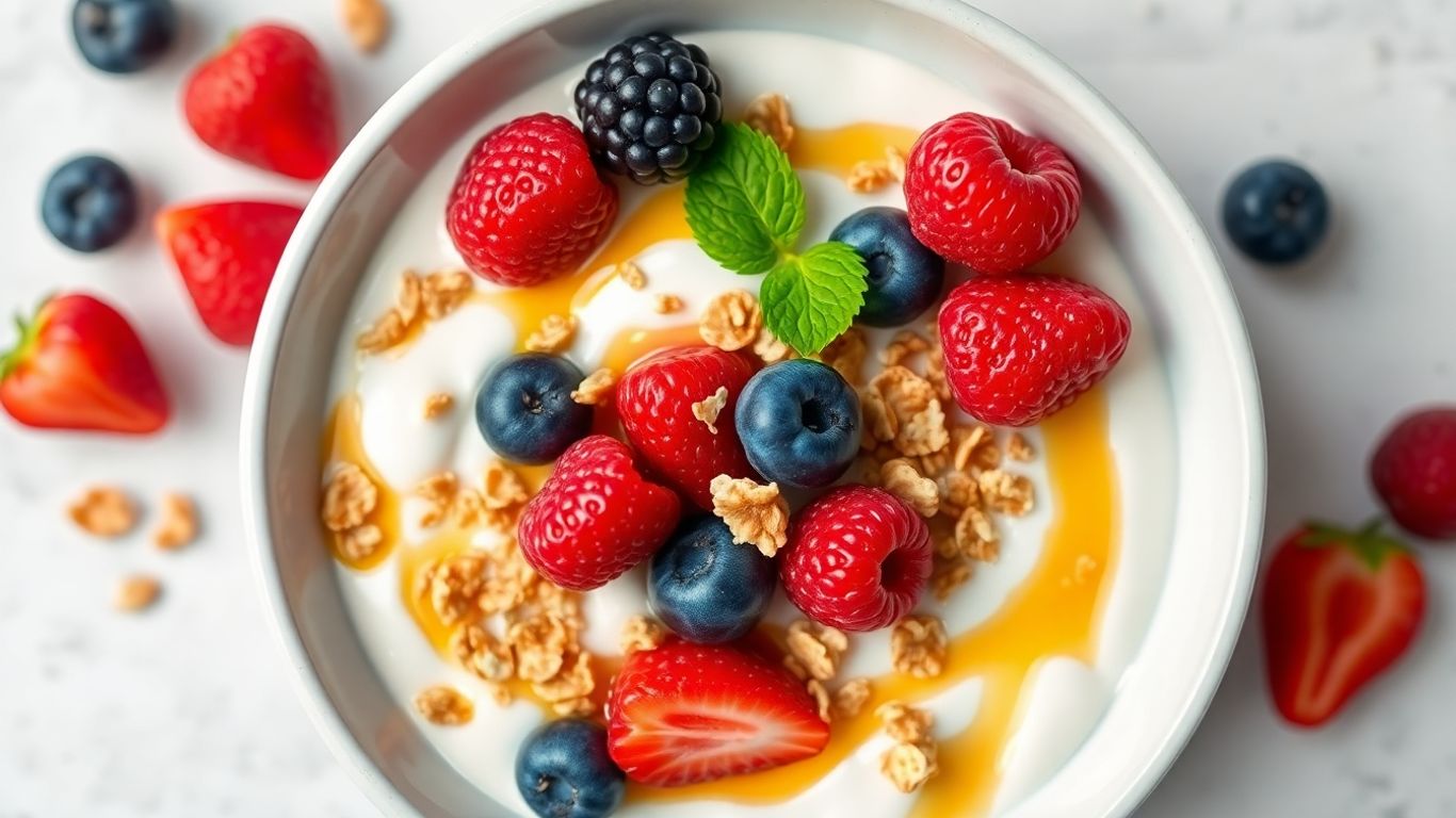 Healthy yogurt bowl with berries and granola.