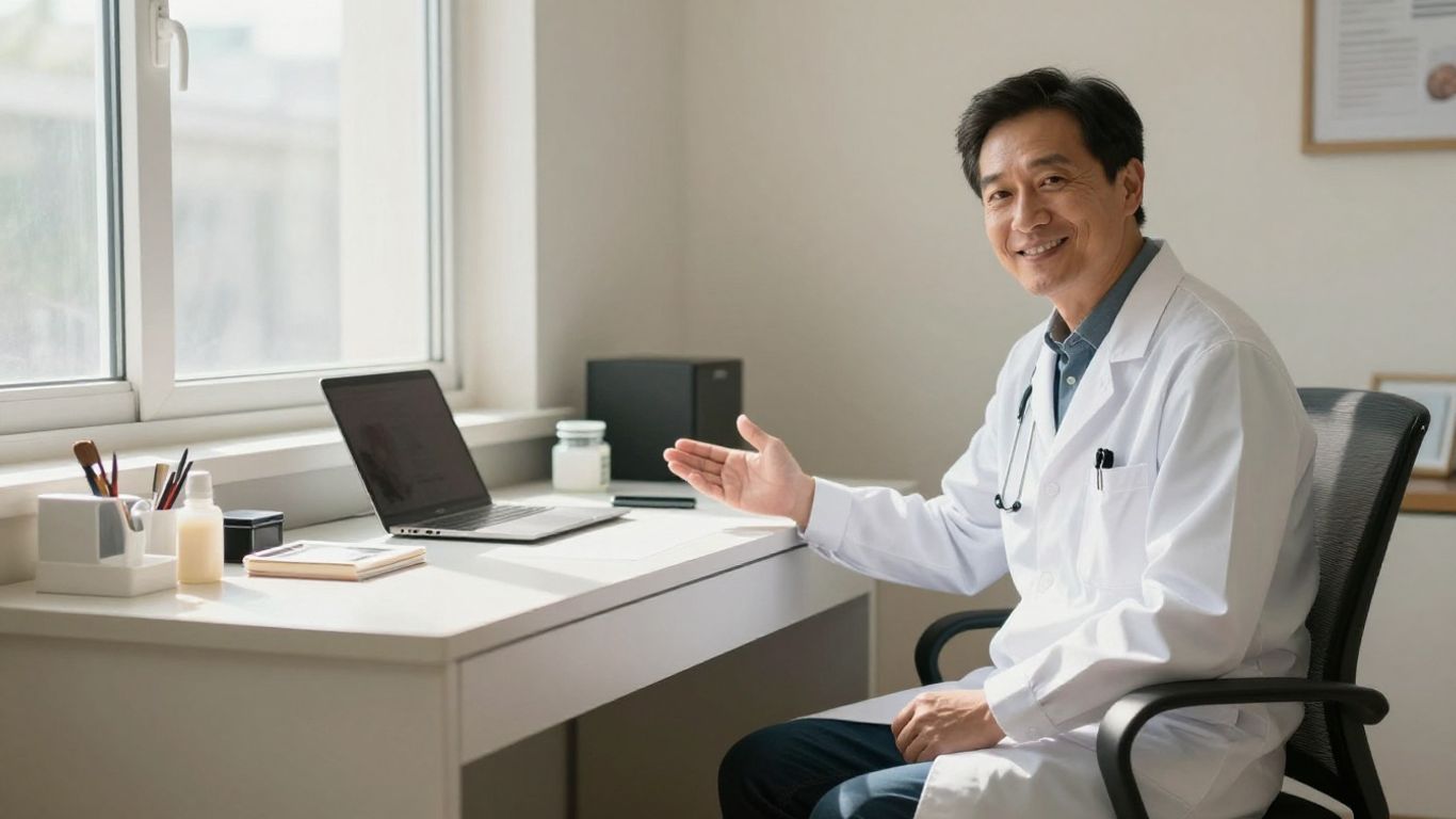 Cabinet medicină de familie, medic prietenos, pacient confortabil.