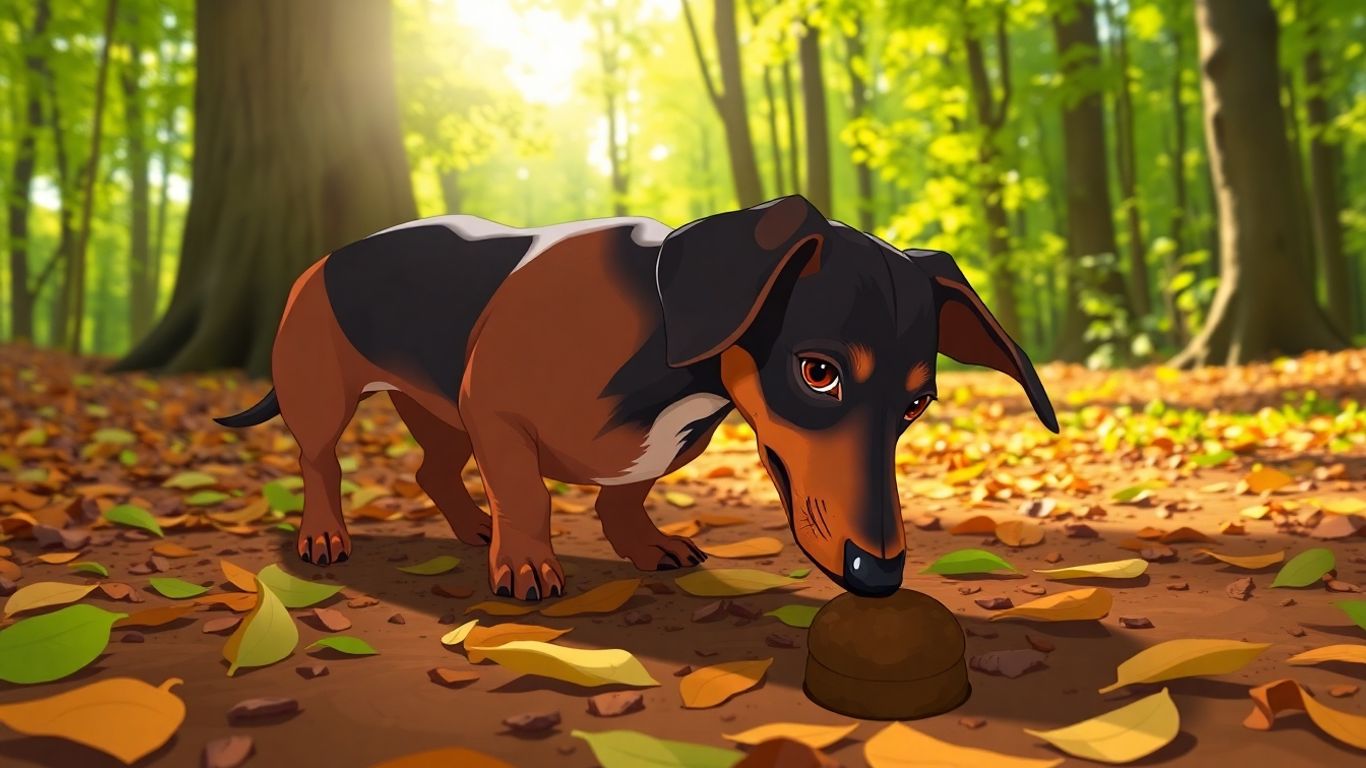 Dackel sucht auf Waldweg nach verlorener Spur