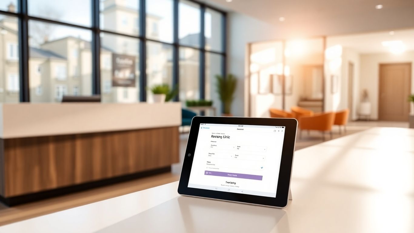 Clinic reception with booking tablet.