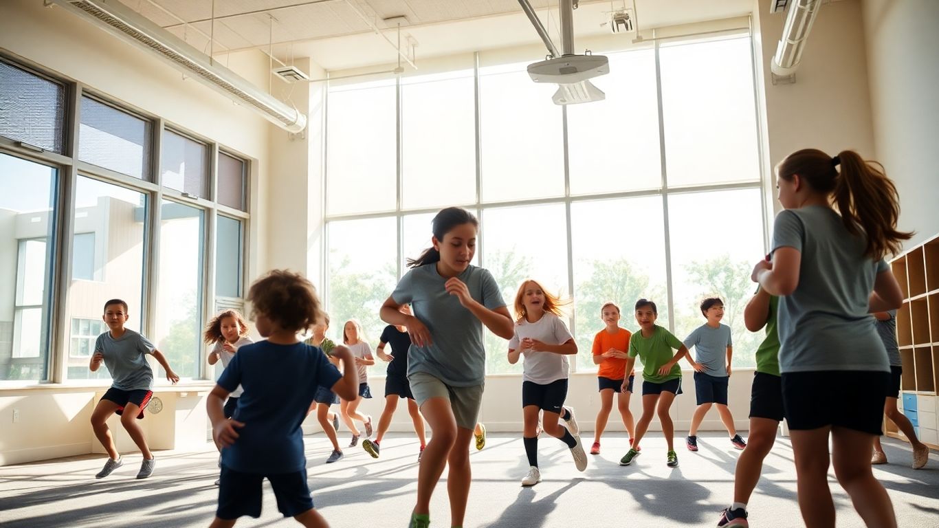 Schüler beim Sportunterricht, dynamische Bewegung