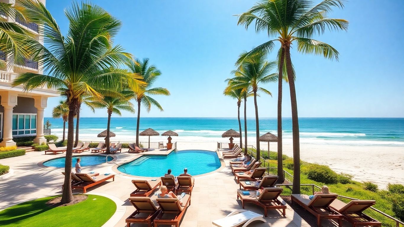 Luxurious beachfront resort with pool and ocean view.