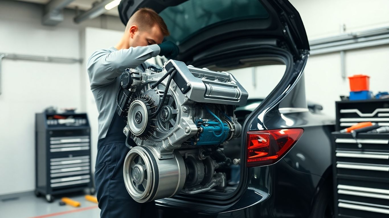 Mechanic installing auto part in a vehicle.
