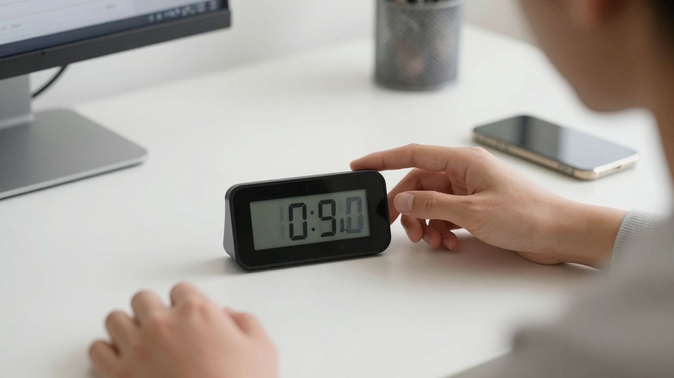 Digital timer on a desk, promoting focus and productivity.