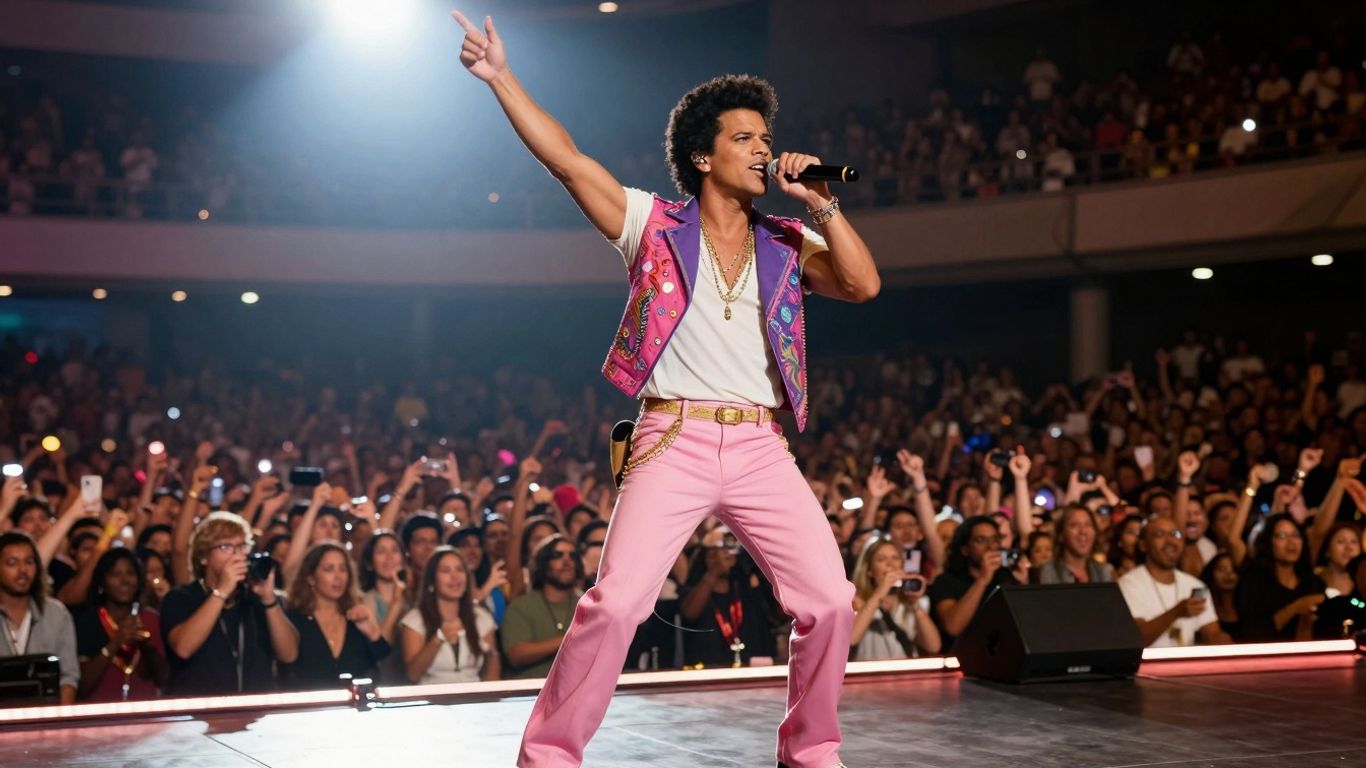 Bruno Mars performing live on a concert stage.