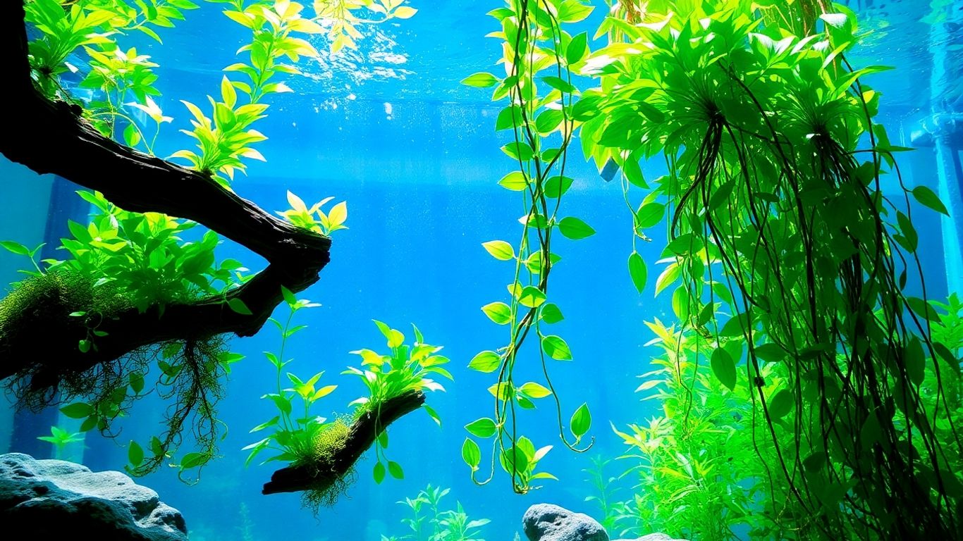 Plantas de aquário flutuantes e fixadas em troncos e rochas.