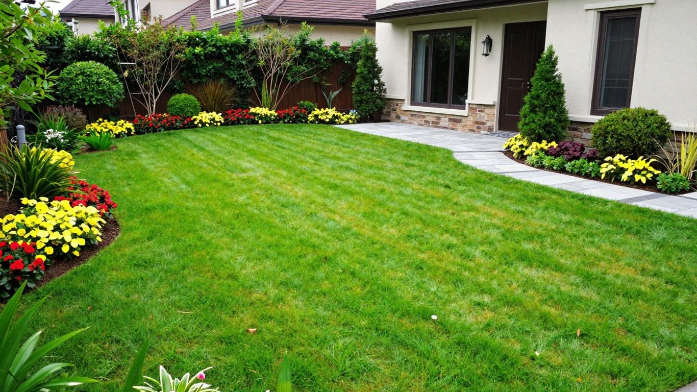 Beautifully manicured residential lawn with flowers and pathway.
