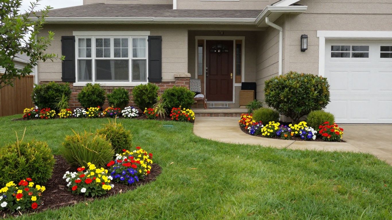 Beautifully landscaped front yard with flowers and pathway.