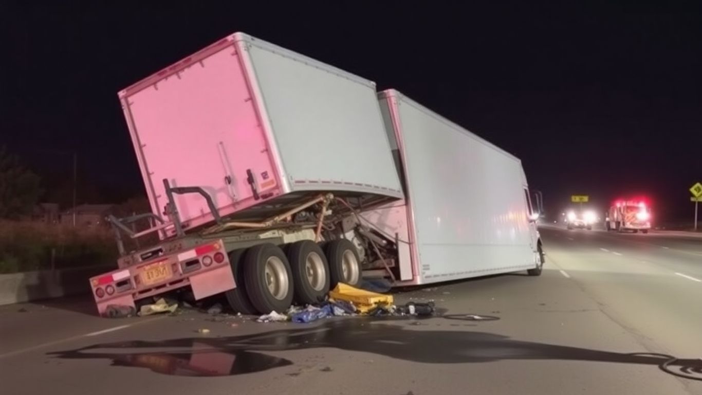 Damaged semi-truck after a highway accident.