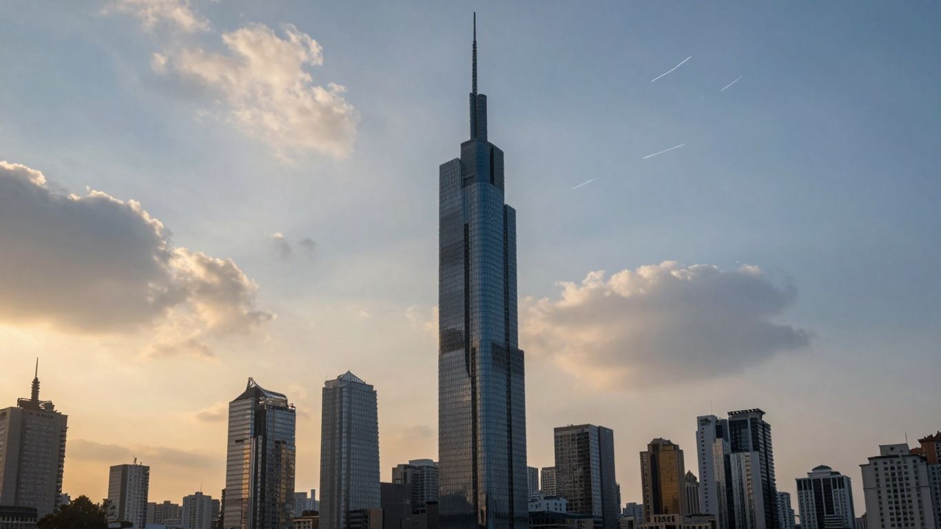 Cityscape with skyscraper and sunrise, symbolizing financial growth.