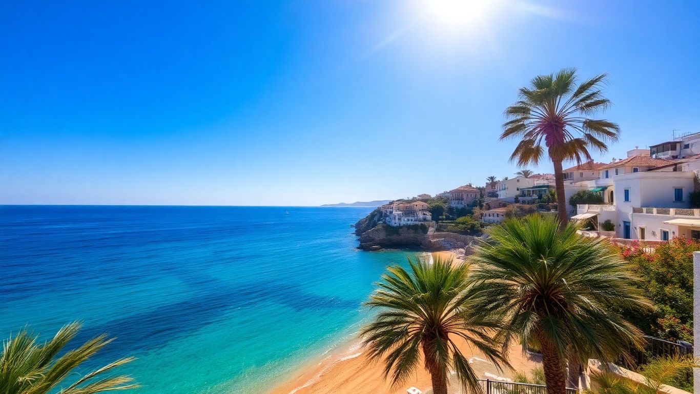 Sunny European coast with beaches and palm trees.