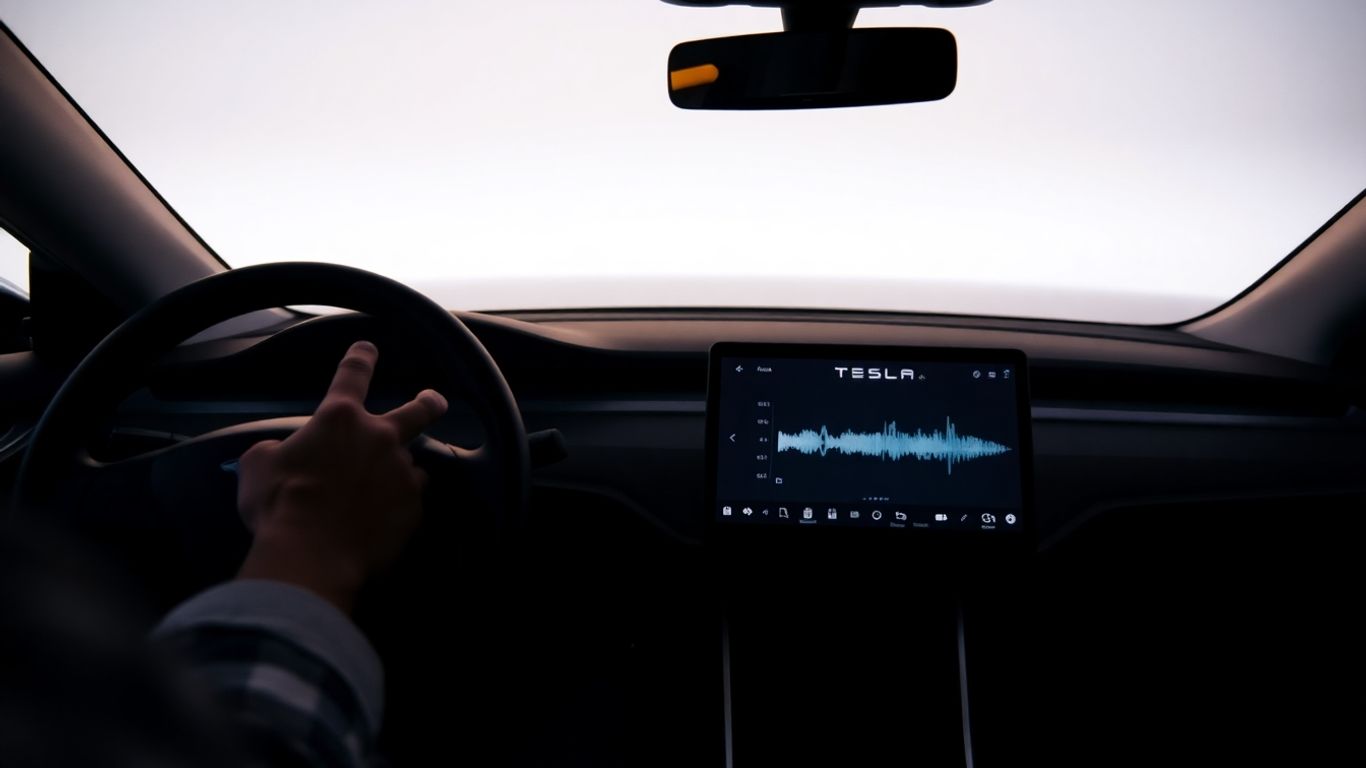 Tesla interior with voice command interface on screen.