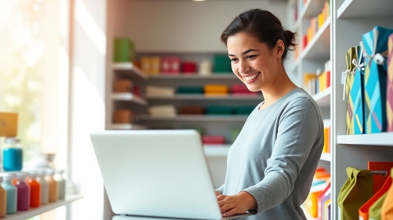 Person setting up products in an online store.