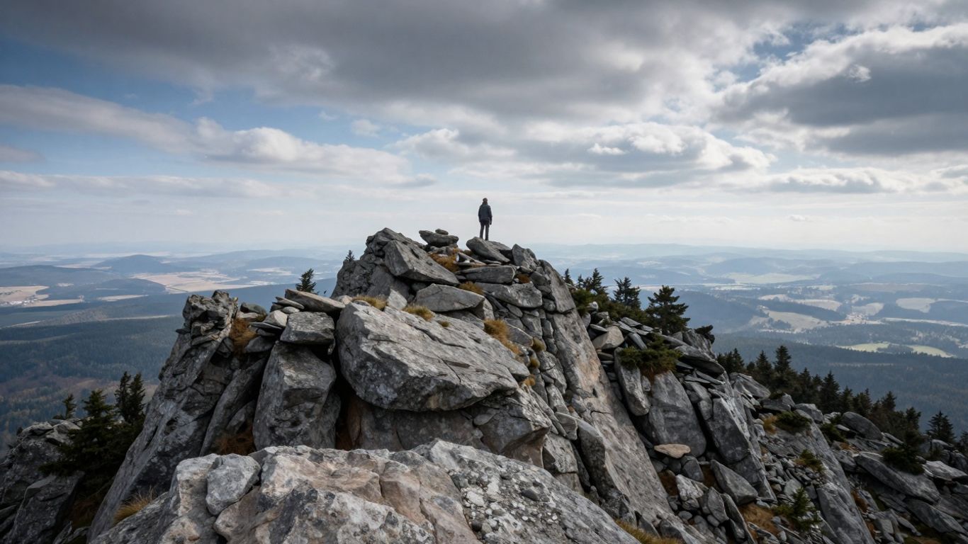 Brocken Gipfel mit nebliger Aussicht und Felsen