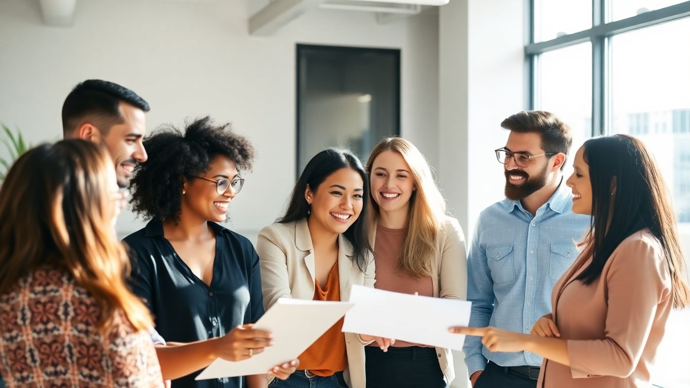 Diverse global team collaborating in a modern office.