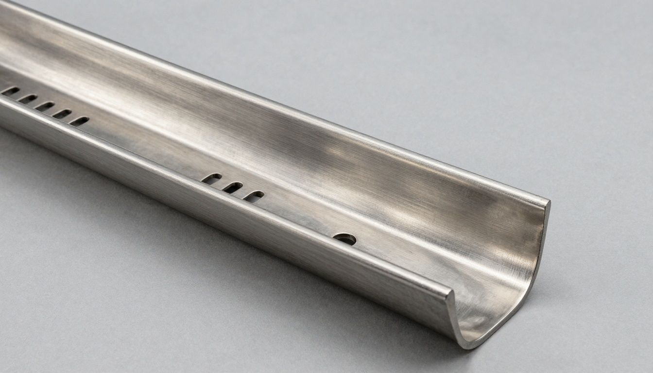 Custom stainless steel drainage channel fabricated in Australia, precise curves and heel guard design