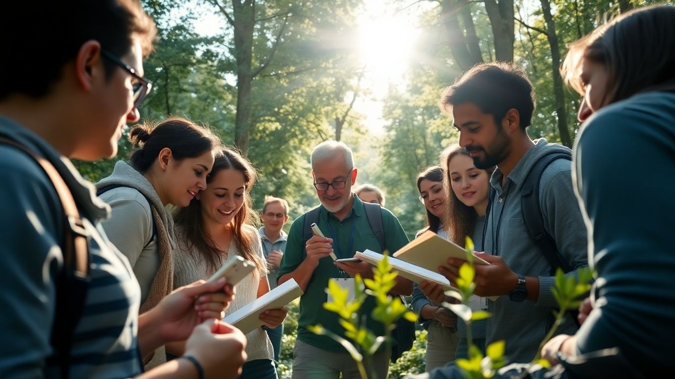 Citizen science challenges. Diverse people collecting data outdoors in nature.
