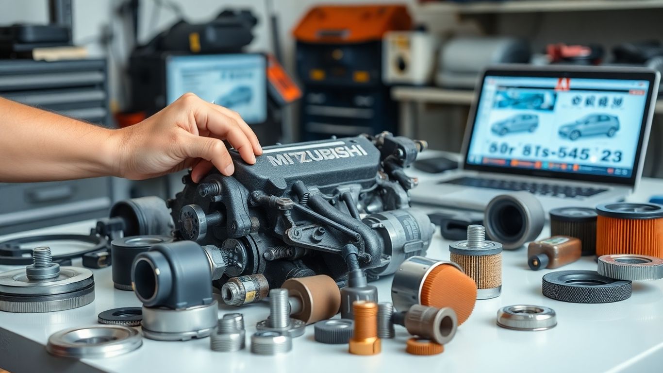 Used Mitsubishi car parts in a workshop setting