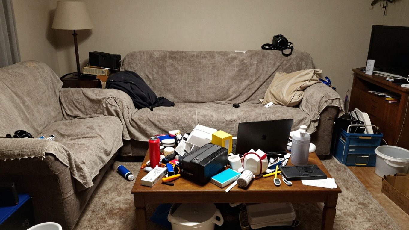 Cluttered Airbnb living room with mismatched furniture and poor lighting.