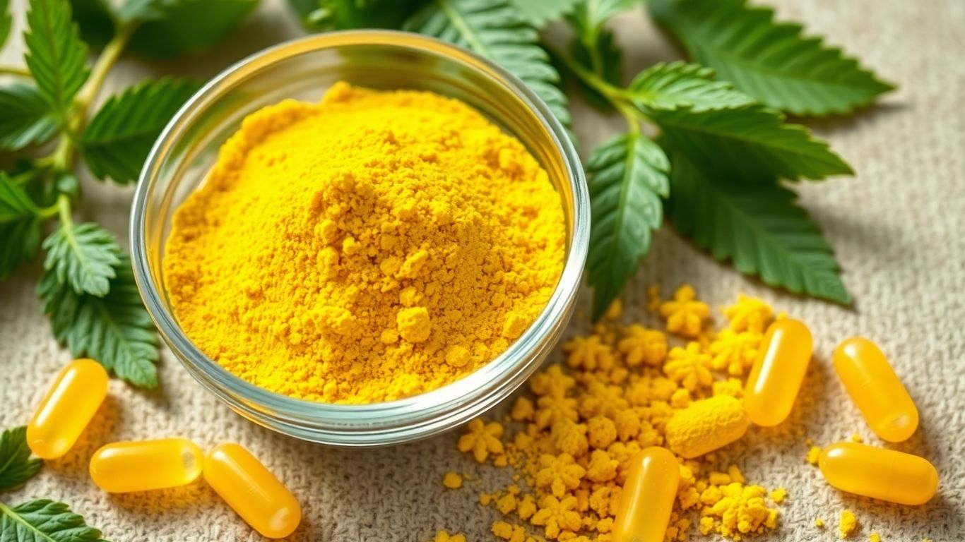 Berberine powder, capsules, and herbal leaves close-up