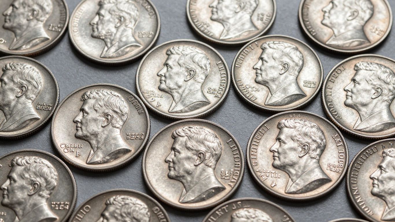 Collection of Kennedy Half Dollar coins, showing silver content.