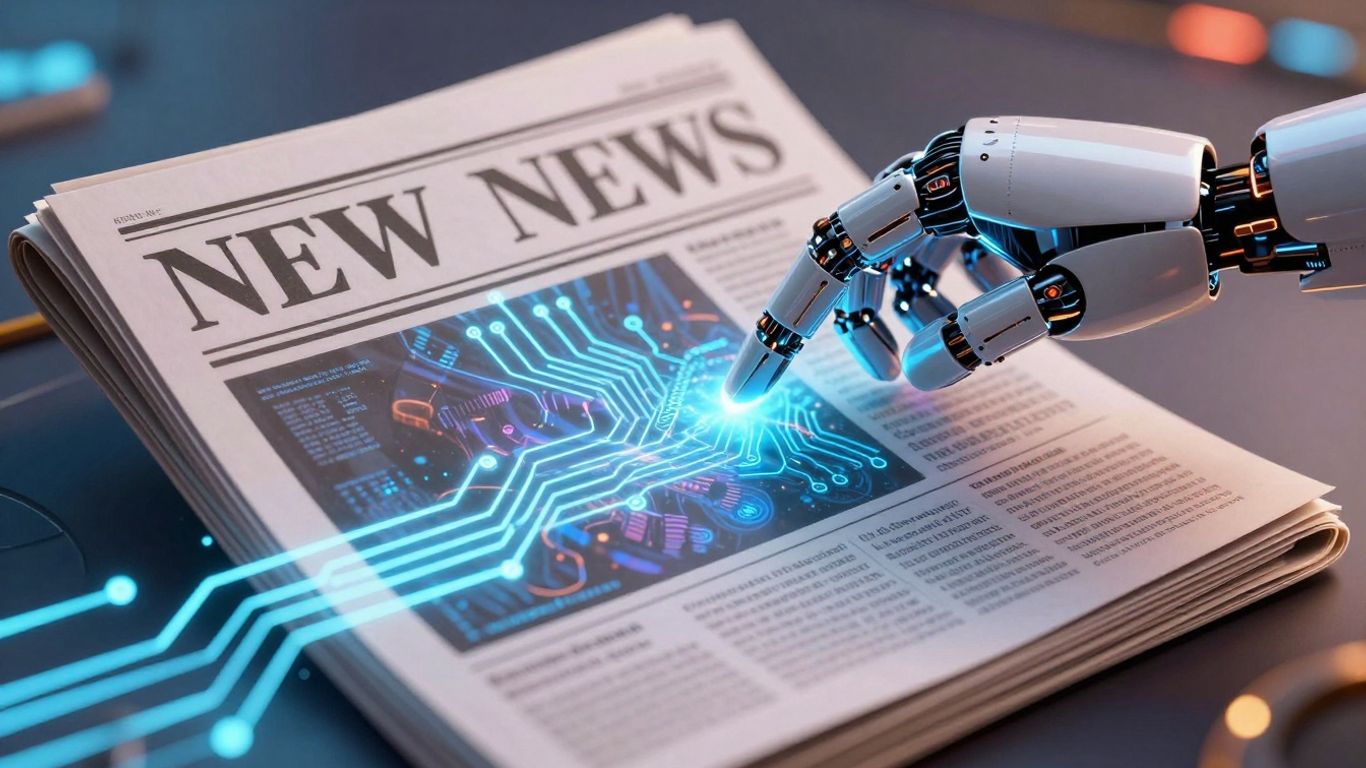 AI newspaper with robot hand interacting with digital content.