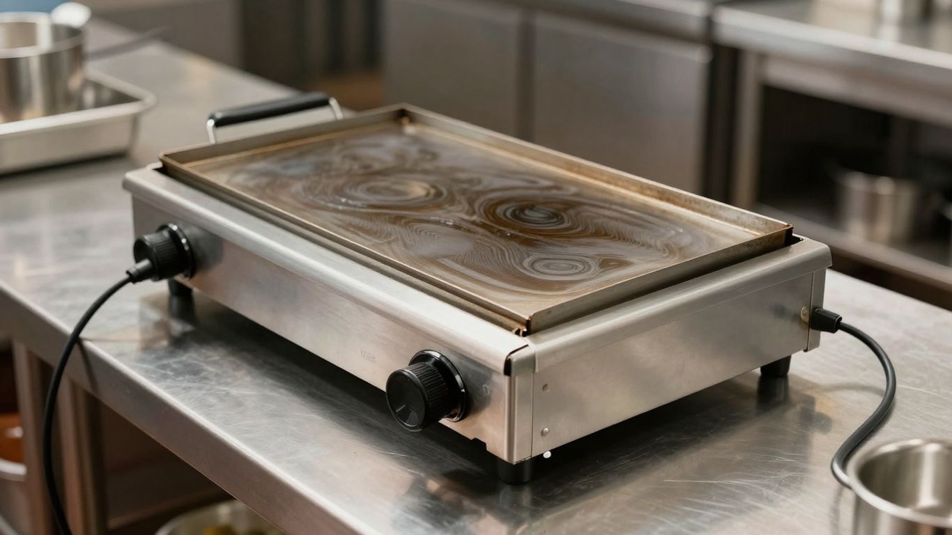 Electric commercial griddle in a professional UK kitchen.