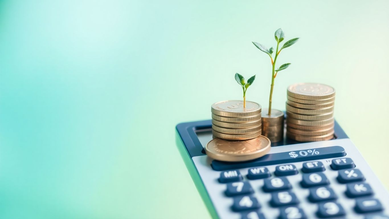 Calculator with coins and plant, symbolizing financial growth.